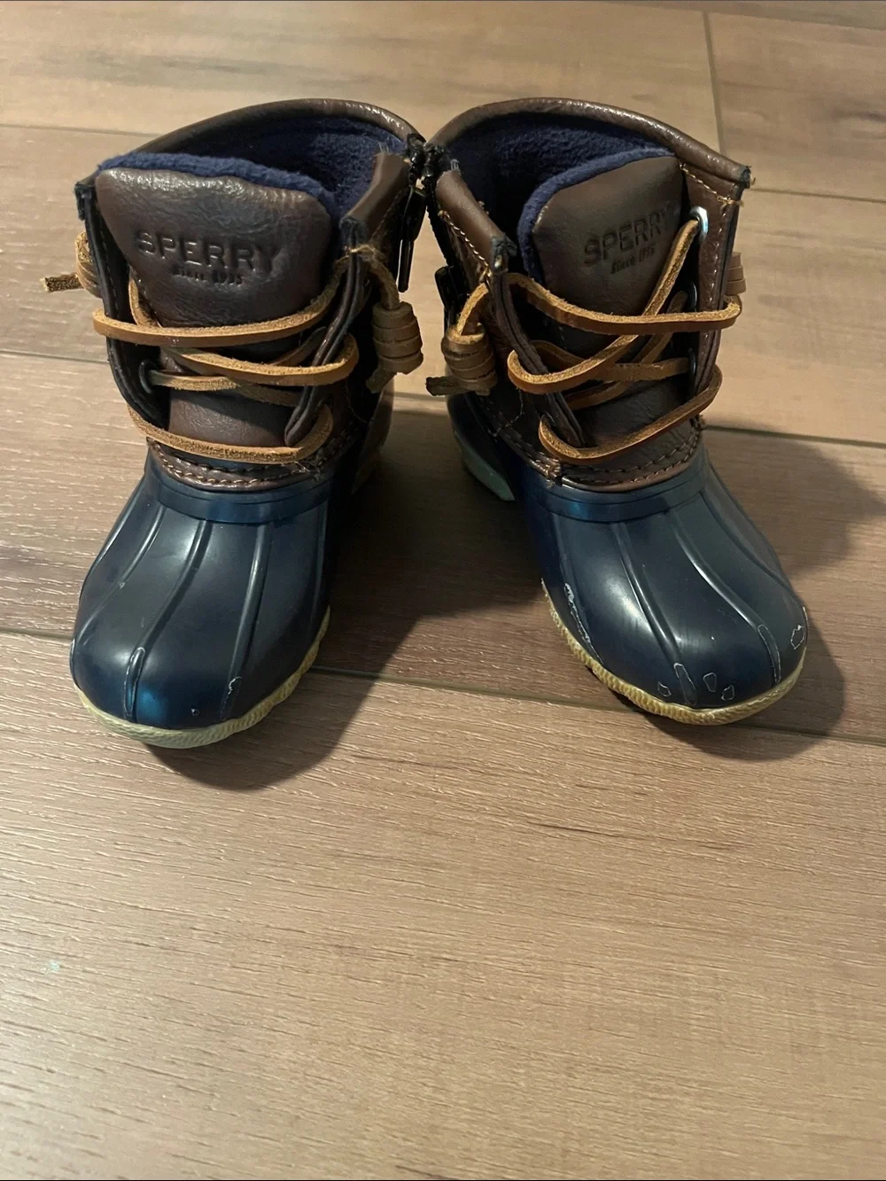 Kids Sperry Brown and Navy Winter Duck Boots - Classic Waterproof Design